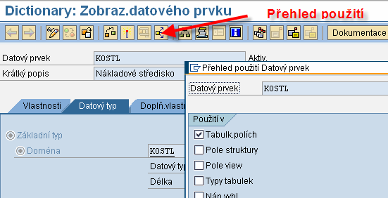 Obr. 7.5: Technické informace nad polem Nákladové středisko Mezi důležité údajem funkce Technické info patří Název pole, resp. Datový prvek.