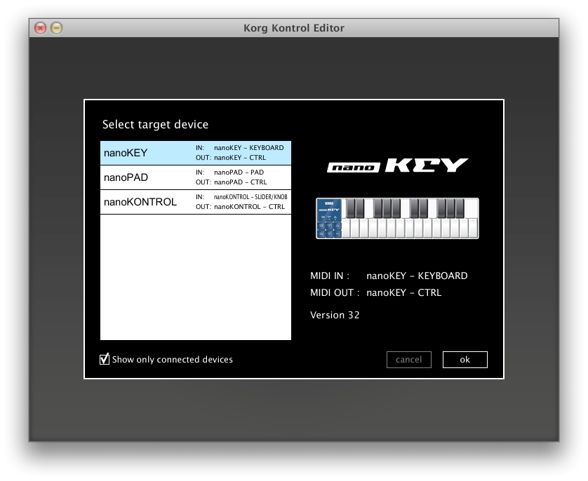 Obrazovky a funkce KORG KONTROL Editoru Tato sekce podává vysvětlení obrazovek KORG KONTROL Editoru a jejich funkcí.