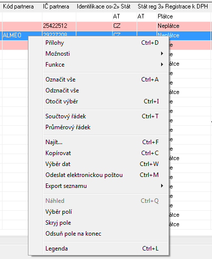 5.1.8 Možnosti na pravé tlačítko myši nad seznamem V PB verzi se po stisku pravého tlačítka myši nad seznamem vybalila nabídka s řadou standardních možností.