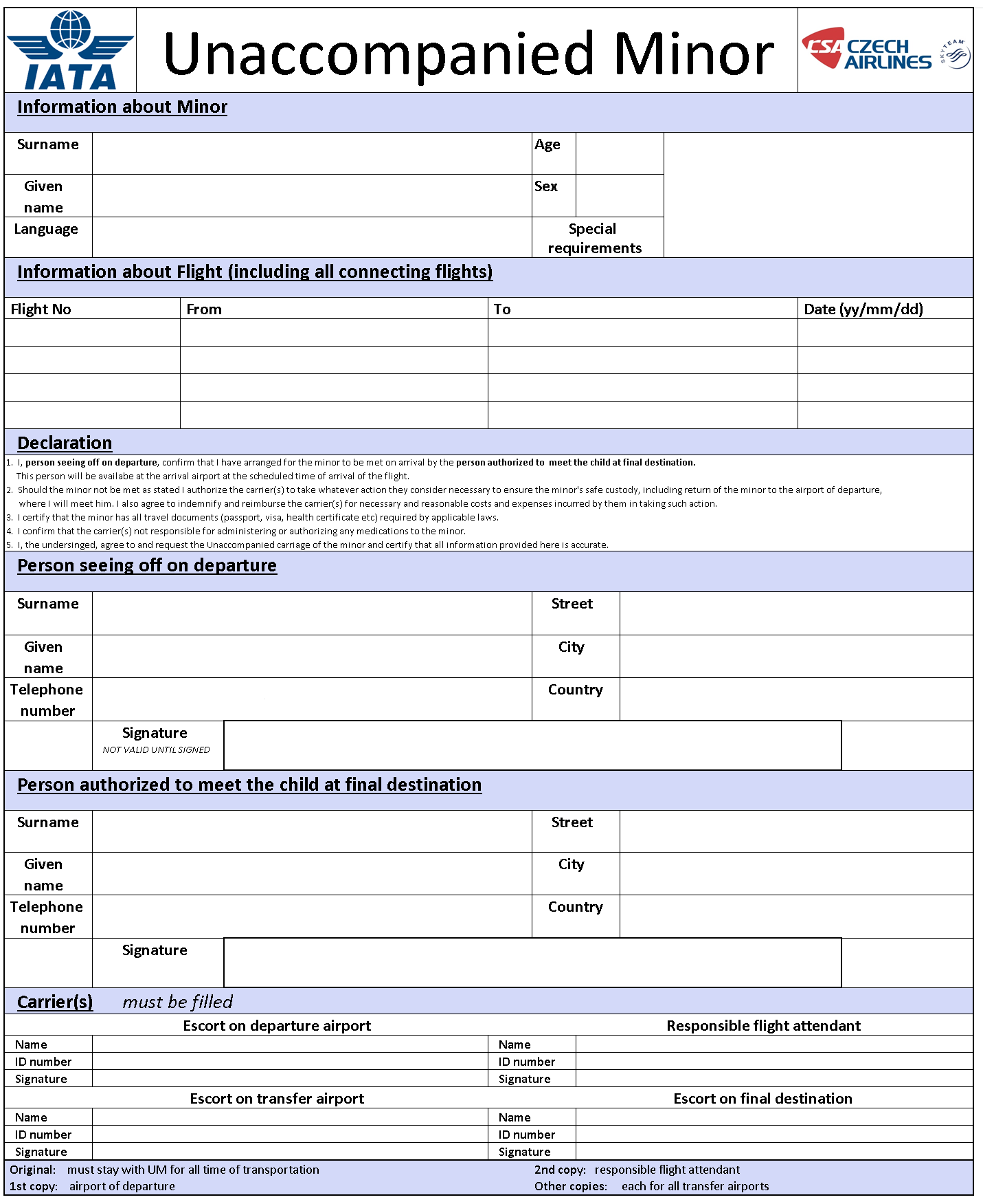 6.4 Formulář V horní části formuláře vidíme logo IATA a nadpis Unaccompanied Minor.