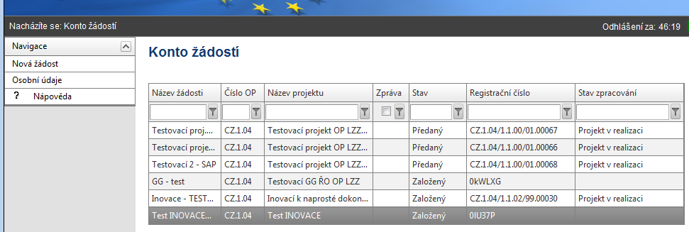 9. Nabídka Konto žádostí Po úspěšném přihlášení do aplikace se zobrazí nabídka Konto žádostí, která slouží jako seznam/přehled všech vytvořených žádostí o finanční podporu a projektů, které žadatel