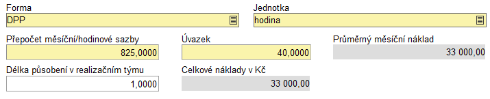 Příklady vyplnění realizačního týmu: Příklad 1) Forma Pracovní smlouva Sazba za měsíc 45 000,- Kč Úvazek 0,3 Délka působení v RT 24 měsíců Příklad 2) Forma DPČ Sazba za hodinu 250,- Kč Úvazek 240 hod.