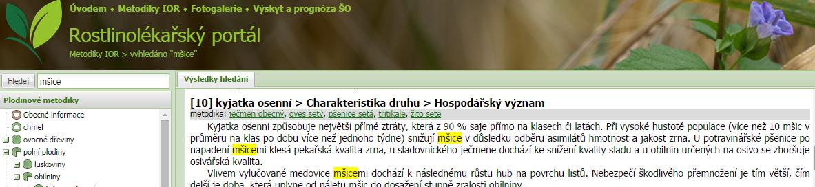 Obr. 3. Ukázka vyhledávání v Metodikách IOR Volba plodiny Tato část obrazovky slouží k výběru plodiny, tzn. plodinové metodiky, k níž se pak následně budou zobrazovat požadované informace.