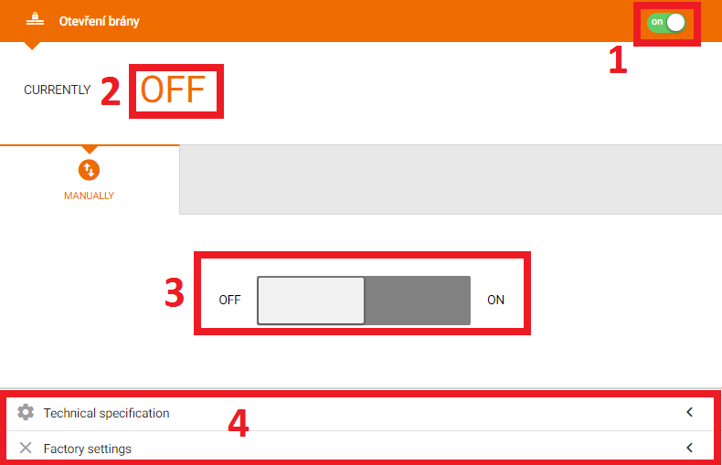 5.4.5 Spínací moduly Spínací moduly jsou v menu znázorněny modrými ikonami. Po kliknutí na spínací modul se zobrazí detail modulu. V záhlaví modul obsahuje tlačítko pro vypnutí modulu.