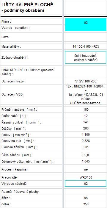 LIŠTY KALENÉ PLOCHÉ - podmínky obrábění EXPERIMENT 02 lišta kalená plochá - čelně frézovaná nástrojem 02 čelní frézování vzorku 02 (poslední záběr) - řezná