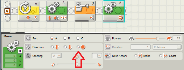 e) Opět přidáme blok Move, tentokrát motor vypneme f) Ještě jednou vložíme bloky Rotation senzor a Move, tentokrát mezi nimi ale