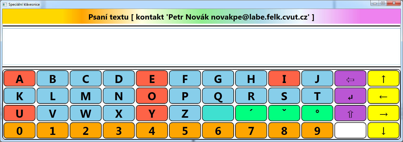 Při stisku klávesy myší nebo na klávesnici je do horní části vepsáno požadované písmeno (A, B, C, ) nebo vykonána požadovaná akce (nový řádek, vymazán poslední znak, posun kurzorem, ).