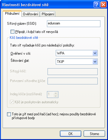 10. Do kolonky Název sítě (SSID): vyplňte eduroam, Ověření v síti zvolte WPA a Šifrování dat bude