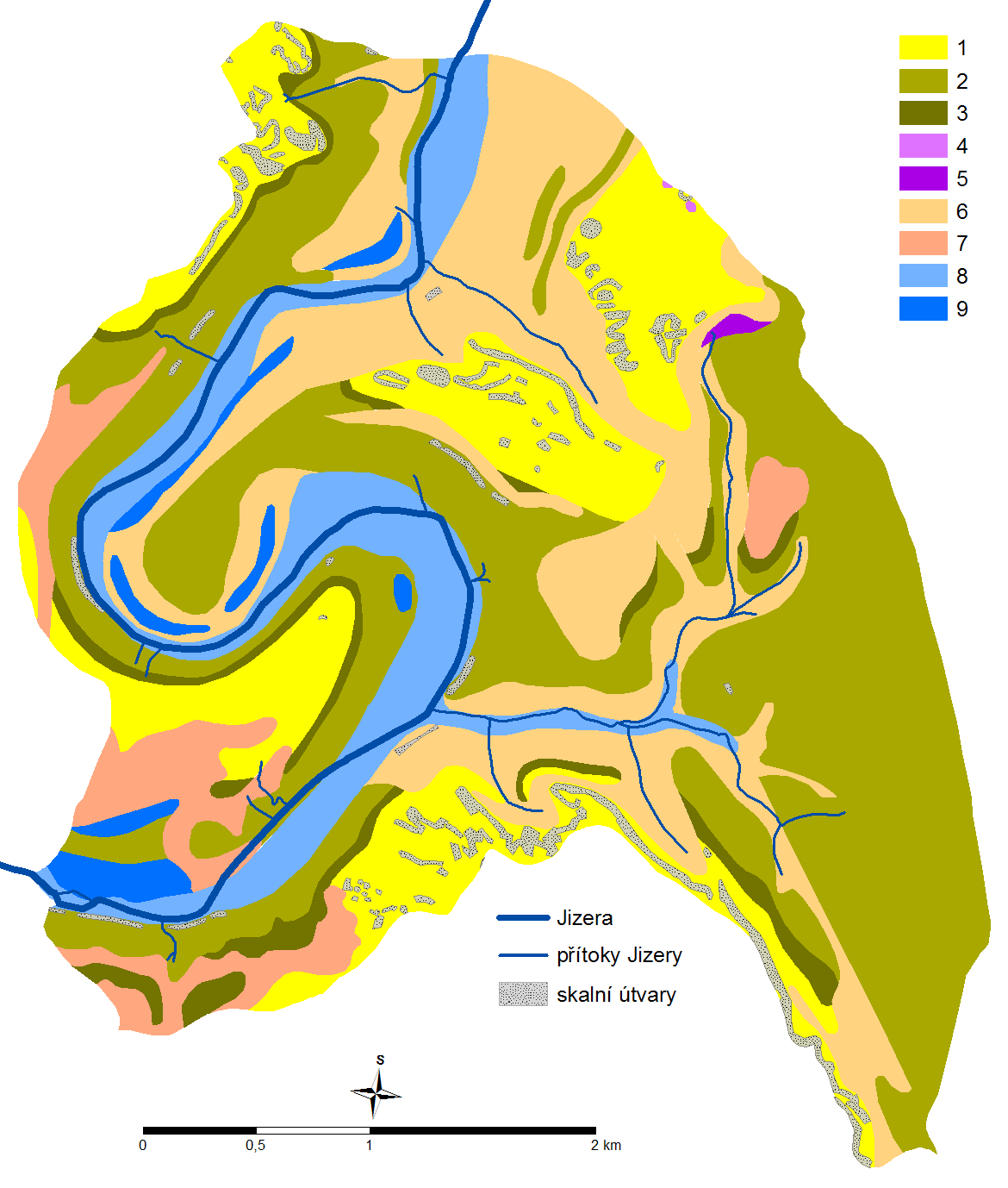 Mapa 4: Geologické složení, 2012. zdroj dat: ČGS, 2007. vytvořeno: v ArcGIS 9.