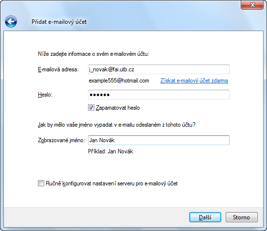 3. Otevře se Vám okno, které vyplníte následujícím způsobem: Do kolonky E-mailová adresa Heslo Zobrazované jméno Vyplňte Vaši e-mailovou adresu (např. j_novak@fai.utb.