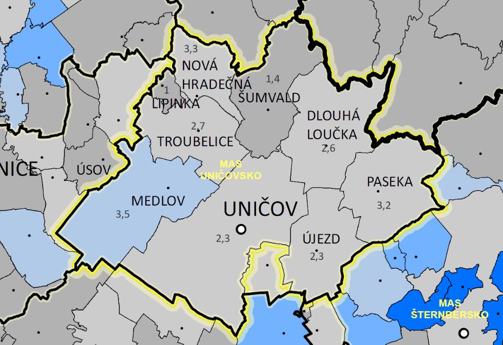 Rozvoj území MAS Uničovsko dokládá obrázek hodnotící intenzitu bytové výstavby (počet dokončených bytů na 1 000 obyvatel v pětiletém průměru).