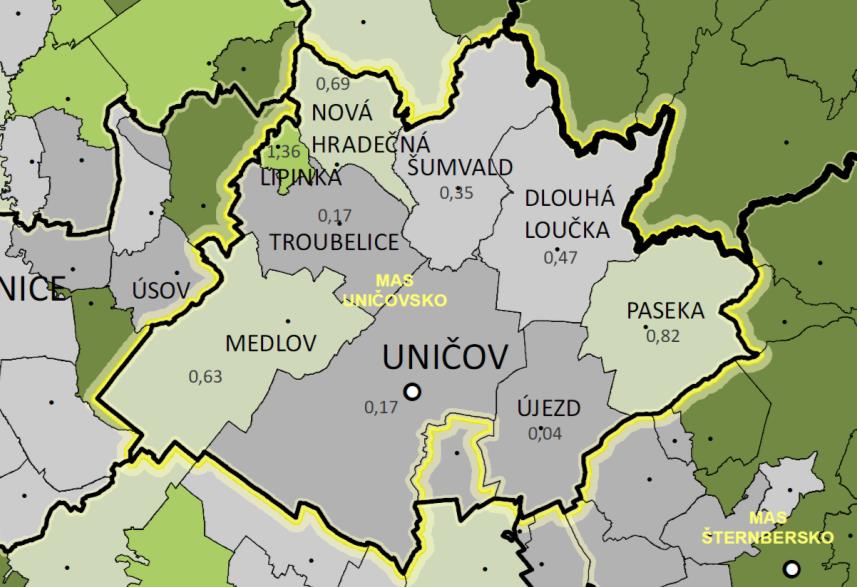 Obrázek 15: Koeficient ekologické stability území MAS Uničovsko ve srovnání s okolními MAS, krajem a ČR Zdroj EKOTOXA s.r.o., data z prosince 2012 Ani již zmíněné vzrůstající zastoupení ploch lesní půdy k celkové výměře území nemění výše uvedené tvrzení o nestabilitě území.