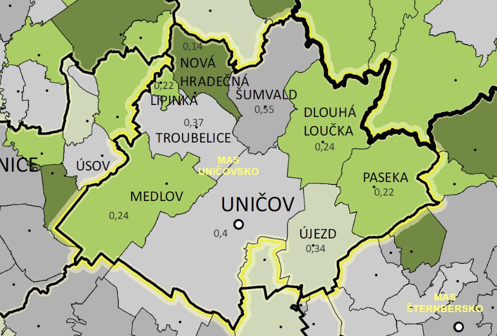 Znečištění ovzduší mobilními zdroji kopíruje dle uvedeného obrázku nejfrekventovanější komunikace území. Nejzatíženějšími územími jsou tedy město Uničov, obce Šumvald, Troubelice a Újezd.