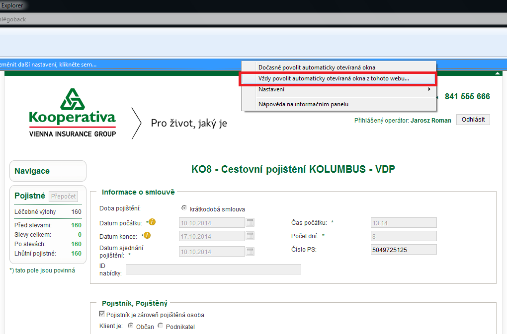 7. Povolení vyskakovacích oken Základní nastavení prohlížečů blokuje vyskakovací okna. Z KNZ je ale VDP otevíraný ve vyskakovacím okně.