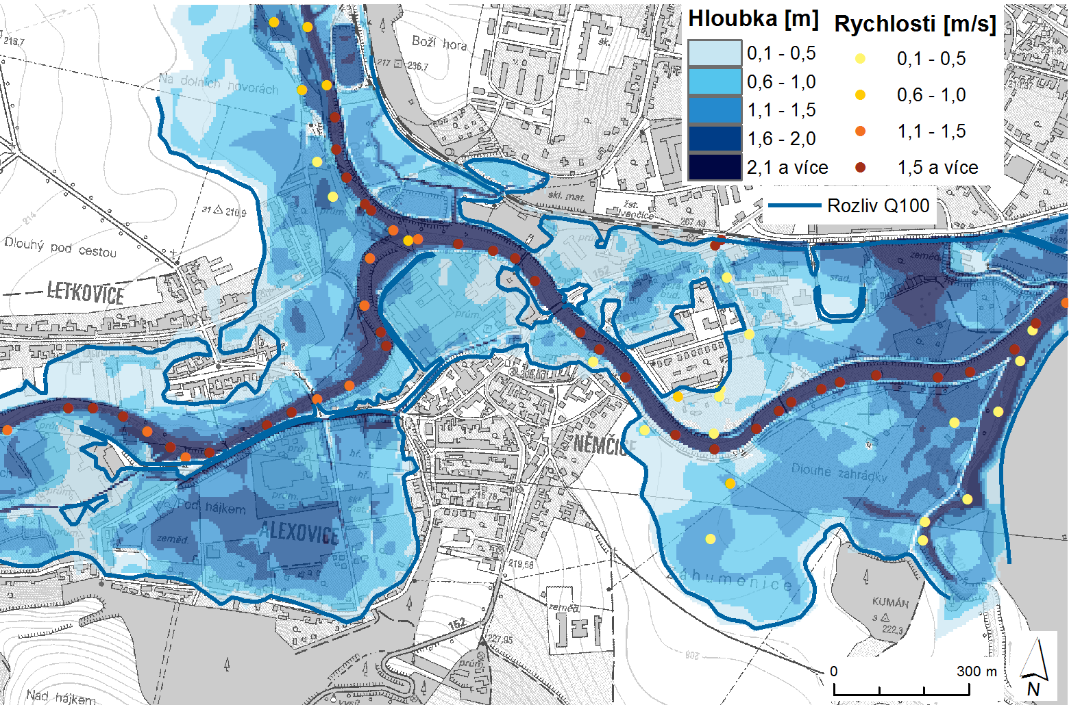 Obr. 5 Výřez mapa hloubek a rychlostí pro povodňový scénář s dobou opakování 100 let (Q100) výstup z 1D hydraulického modelu Pokud byl k hydraulickým výpočtům použit 2D model, jsou rychlosti pro