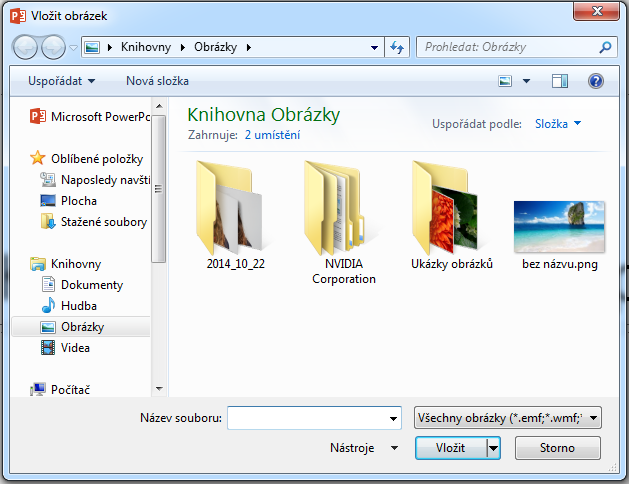 Vkládání obrázků, zvuků, textových polí a grafů 3.2 Obrázek PowerPoint 2013 podporuje vkládání většiny používaných formátů obrázků. Můžeme uvést například PNG, JPG, JPEG, GIF, BMP aj.