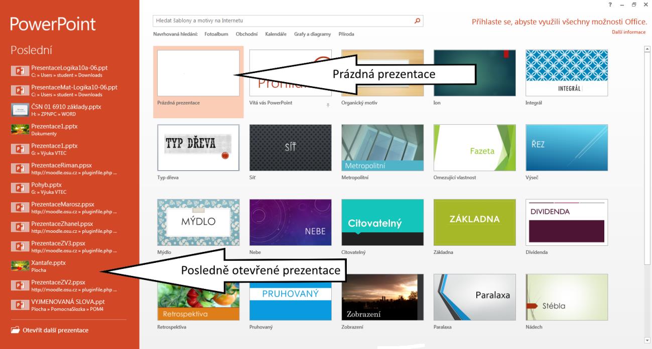 Prostředí MS PowerPoint 2013 Obrázek 3: Úvodní obrazovka po spuštění MS PowerPoint 2013 Podle toho, zda chce uživatel editovat již vytvořenou prezentaci nebo chce vytvářet prezentaci novou, zvolí z