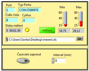 COUNT_REMAIN jsou přivedeny na vstup bloku formula node, který provede výpočet dle rovnice 12. Výsledek je zobrazen na čelním panelu. Obrázek 33: Bloky pro výpočet teploty čidla DS18S20 11.