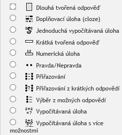 Obrázek 8: Typy úloh Zdroj: http://moodle.sosricany.cz/mod/quiz/edit.php?cmid=737 Nejčastěji používanými odpověďmi jsou: Dlouhá tvořená odpověď. Krátká tvořená odpověď. Výběr z možných odpovědí.