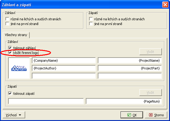 Na začátku úlohy jsme do programu vložili logo firmy. Zobrazení loga v hlavičce dokumentu lze zapnout v okně "Záhlaví a zápatí".