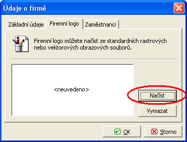 Základní údaje o firmě v okně "Firma" V druhé záložce vložíme logo firmy, které může být později zobrazeno v záhlaví výstupní dokumentace. Logo lze načíst z libovolného obrázkového souboru typu *.