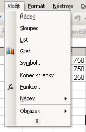 Vložen ení nového řádku, sloupce, listu Vložení nového řádku do listu Menu Vložit Řádek