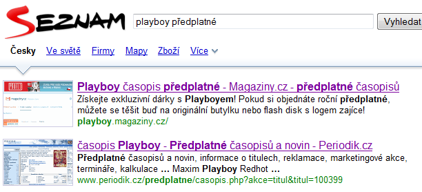 OBRÁZEK Č. 17: Výsledky vyhledávání na slovní spojení playboy předplatné Zdroj: Seznam.cz (ke dni 9.5. 2010) Tabulka č.