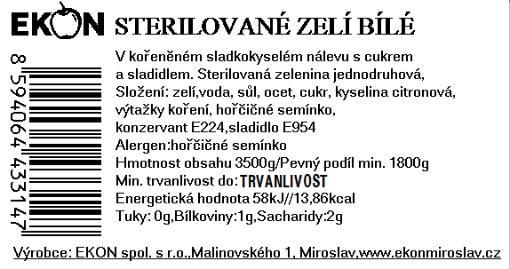 Fyzikálně chemické vlastnosti: Refrakce - min. 3% Kyselost - min. 0,4% Složení výrobku: Sterilované zelí, pitná voda,cukr,sůl, ocet, koření,sladidlo E954, konzervant E224, kys.