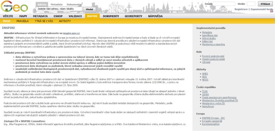 Dokumenty INSPIRE Vzorové licenční smlouvy Ověření oprávnění INSPIRE legislativa INSPIRE