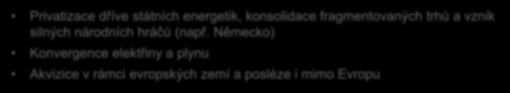 PROCES LIBERALIZACE KONSOLIDACE TRHU Nastavení pravidel 1 2 Investice 3 trhu s elektřinou Konsolidace Unbundling a nastavování principů regulace pro síťové společnosti Vytváření burz s elektřinou a