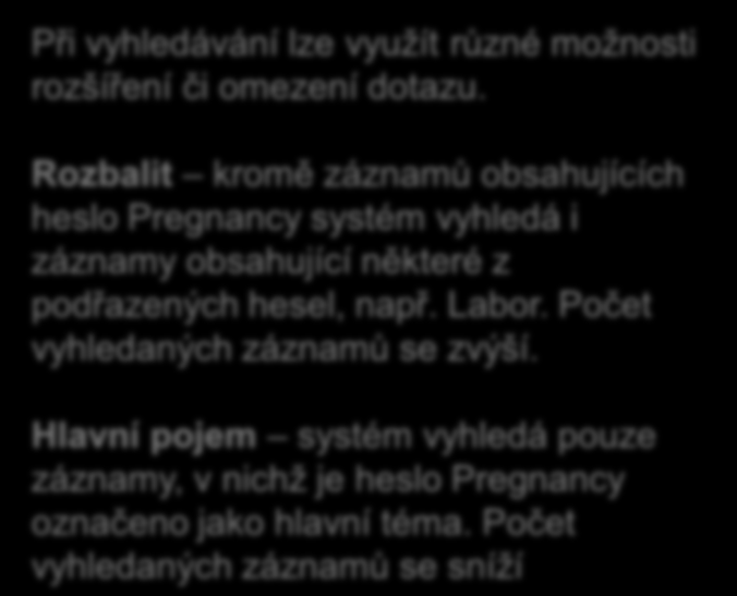 Při vyhledávání lze využít různé možnosti rozšíření či omezení dotazu. Rozbalit kromě záznamů obsahujících heslo Pregnancy systém vyhledá i záznamy obsahující některé z podřazených hesel, např. Labor.