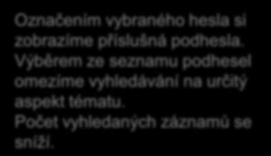 Označením vybraného hesla si zobrazíme příslušná podhesla.