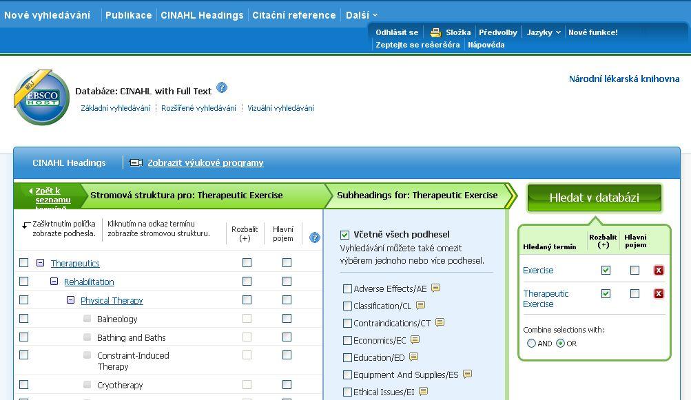 Nyní máme vybraná hesla Exercise a Therapeutic exercise.