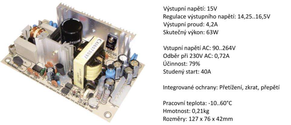 Obrázek 20. Spínaný zdroj Mean Well PS-65-15 [61] Srdcem samotné nabíječky je řídící obvod UC3906 umístěn v pouzdře DIL16. Mezi základní parametry patří: napájecí napětí +V IN (max.