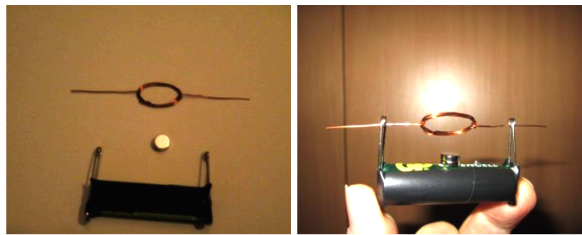 Elektrický článek položíme a k bočním kruhovým kontaktům postupně přilepíme zavírací špendlíky očkem nahoru.