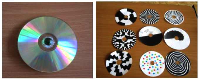 Setrvačník z CD a skleněné kuličky s optickými kotouči Potřeby: CD, skleněná kulička, tavná pistole s náplněmi, šablony různých optických kruhů.