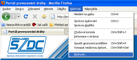 Strana 13 Obr. 14 Auomatická nabídka 3.1.2 Ručním zadáním spustit aplikaci Mozilla Firefox v menu zvolit Nástroje Možnosti Obr.