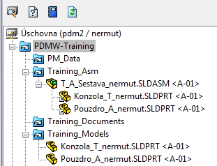 Pohled úschovny po obnovení zobrazení Struktura datové úschovny po odevzdání dílů a sestavy. Z obrázku je zřejmé umístění jednotlivých souborů ve složkách projektů.