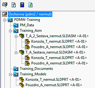 Výsledek: Je evidentní, že díky databázové struktuře PDM systému je možné nezávisle pracovat s totožnými zdrojovými díly v rámci (prakticky) libovolného počtu nadřazených sestav.