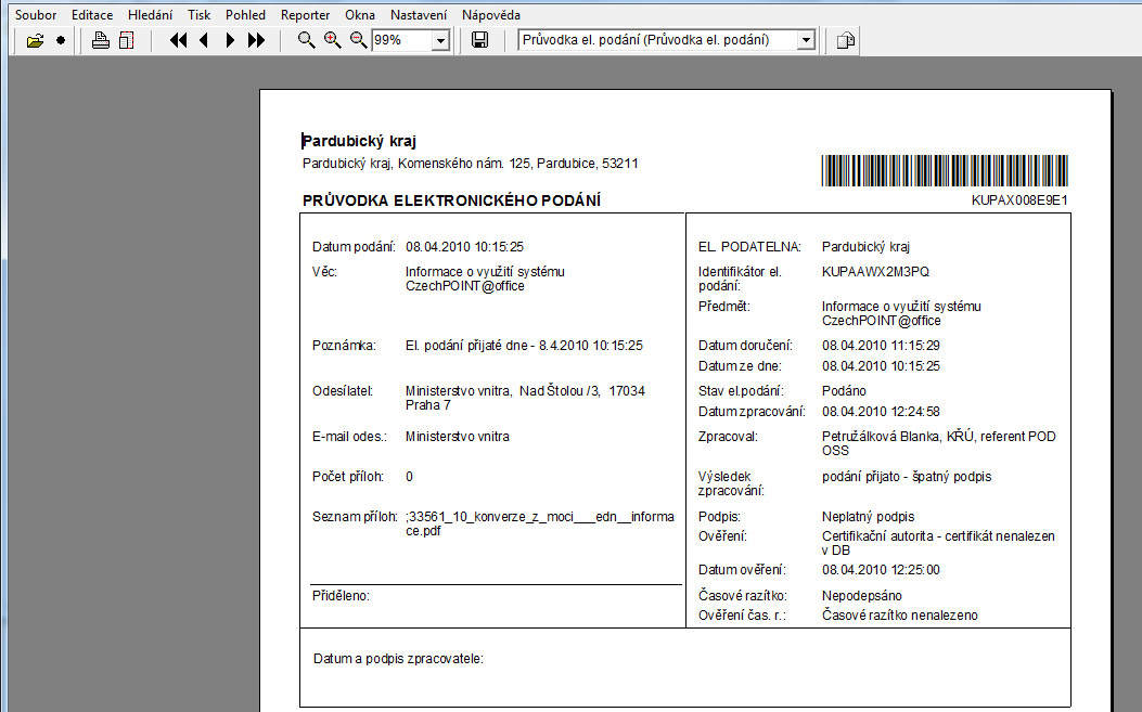 Verze obsahují obdobné informace o doručené datové zprávě, průvodku je možné vytisknout nebo