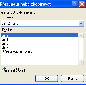 Obrázek 16 Přesunout nebo zkopírovat sešit 2. Klikněte na OK. 3.2.3 Ukotvení příček Ukotvení příček se používá u rozsáhlejších tabulek, kdy chcete mít k dispozici záhlaví tabulek.