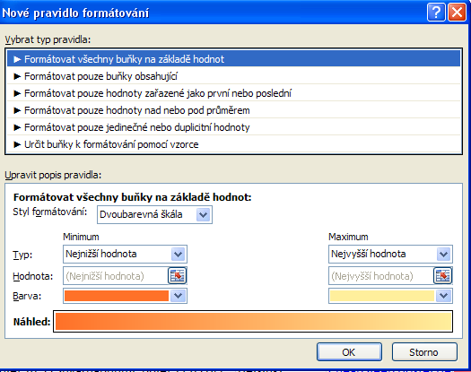 Obrázek 29 Nové pravidlo pro podmíněné formátování Poznámka Veškerá pravidla formátování je možné vymazat pomocí nástroje Vymazat pravidlo v dialogovém okně podmíněného formátování.