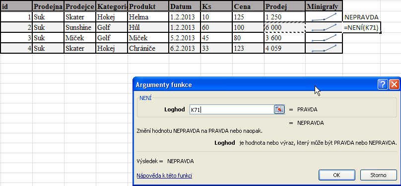 Zobrazí se nám PRAVDA, jelikož žádná hodnota v tabulce není rovna 6000. Funkce NENÍ tento argument PRAVDA automaticky změní na NEPRAVDA.