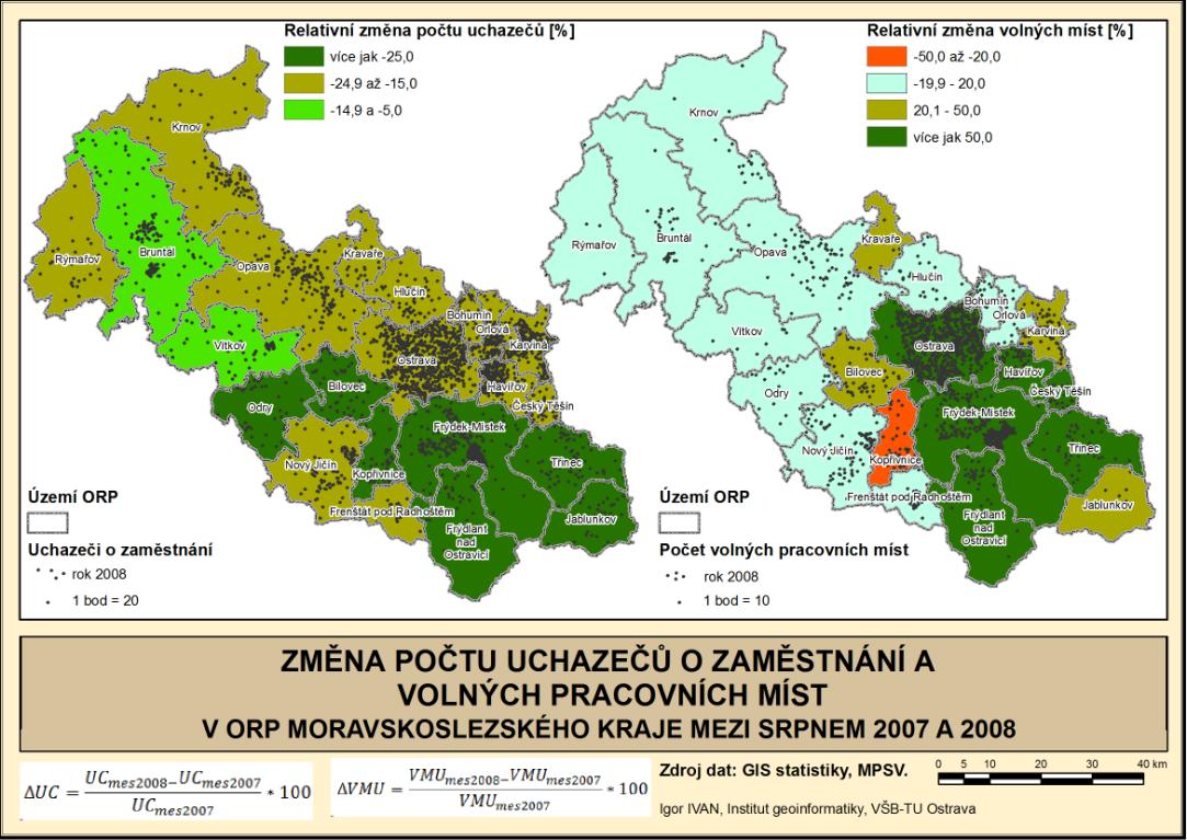 Ivan, Tvrdý (2009) porovnávána situace mezi srpny roku 2007 a 2008 mezi počtem uchazečů a počtem volných pracovních míst.