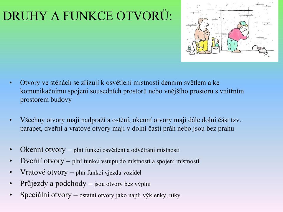 parapet, dveřní a vratové otvory mají v dolní části práh nebo jsou bez prahu Okenní otvory plní funkci osvětlení a odvětrání místnosti Dveřní otvory