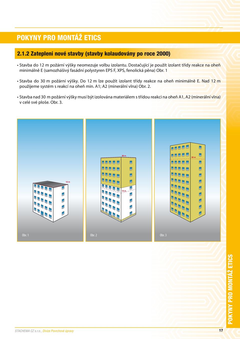 Do 12 m lze použít izolant třídy reakce na oheň minimálně E. Nad 12 m použijeme systém s reakcí na oheň min. A1; A2 (minerální vlna) Obr. 2.