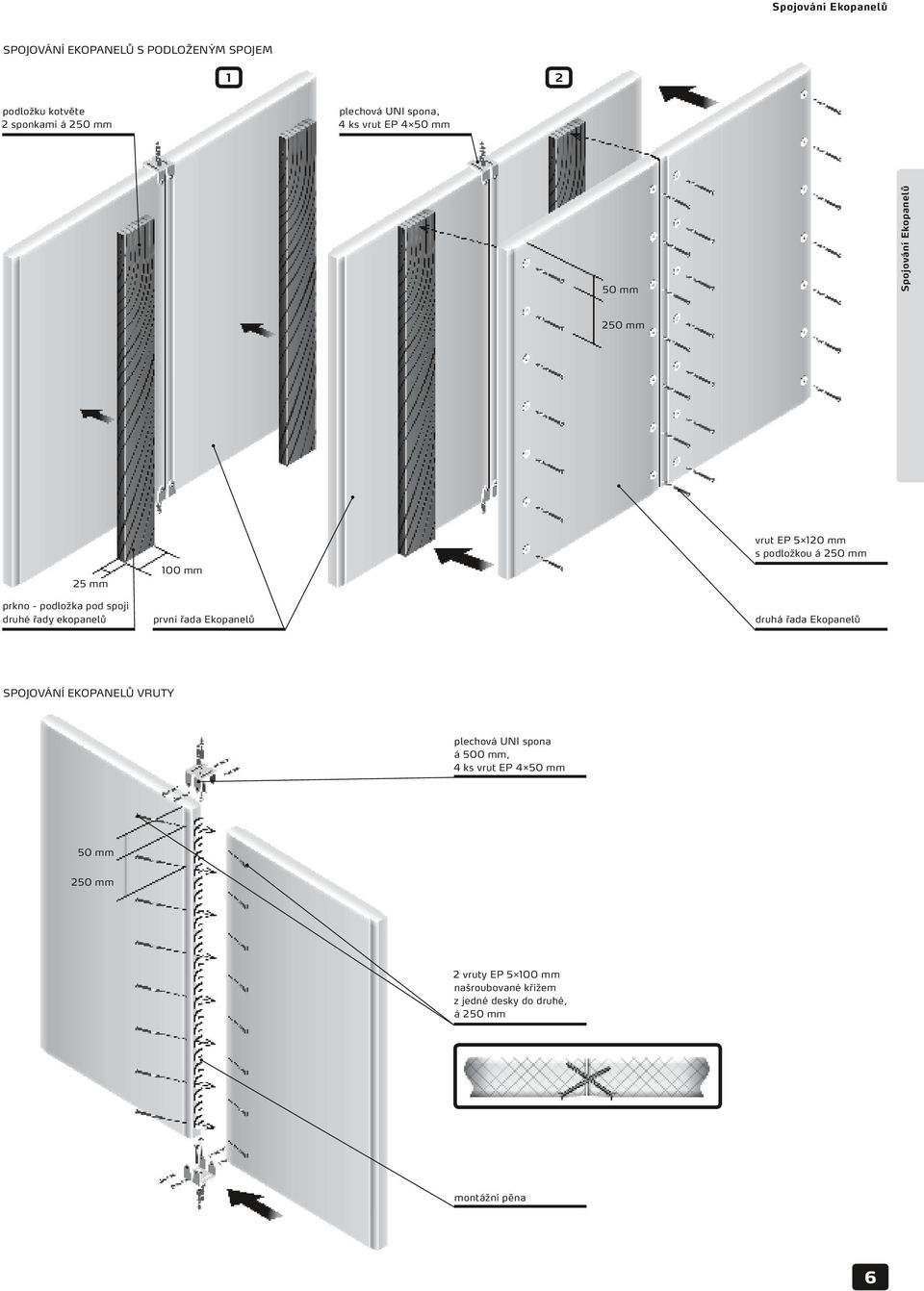 spoji druhé řady ekopanelů první řada Ekopanelů druhá řada Ekopanelů SPOJOVÁNÍ EKOPANELŮ VRUTY plechová UNI spona á 500 mm,