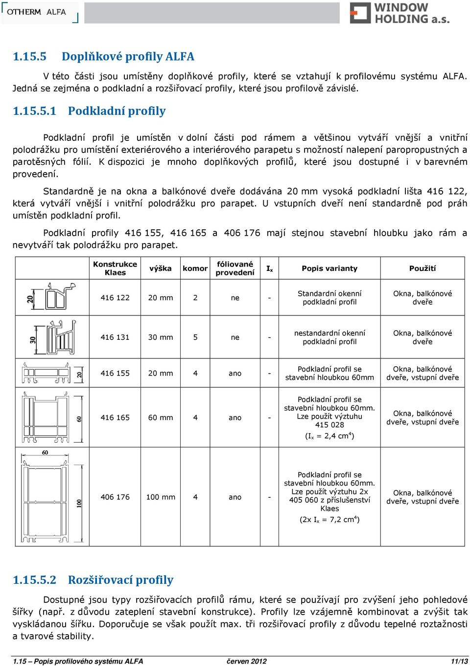 5.1 Podkladní profily Podkladní profil je umístěn v dolní části pod rámem a většinou vytváří vnější a vnitřní polodrážku pro umístění exteriérového a interiérového parapetu s možností nalepení