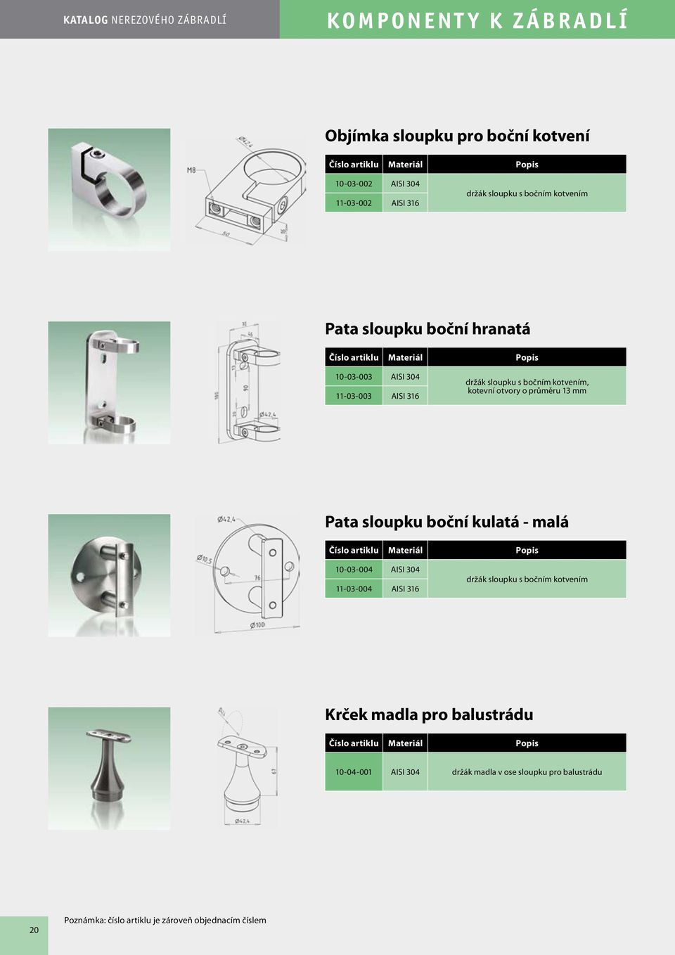 kotvením, kotevní otvory o průměru 13 mm Pata sloupku boční kulatá - malá 10-03-004 AISI 304 11-03-004 AISI 316