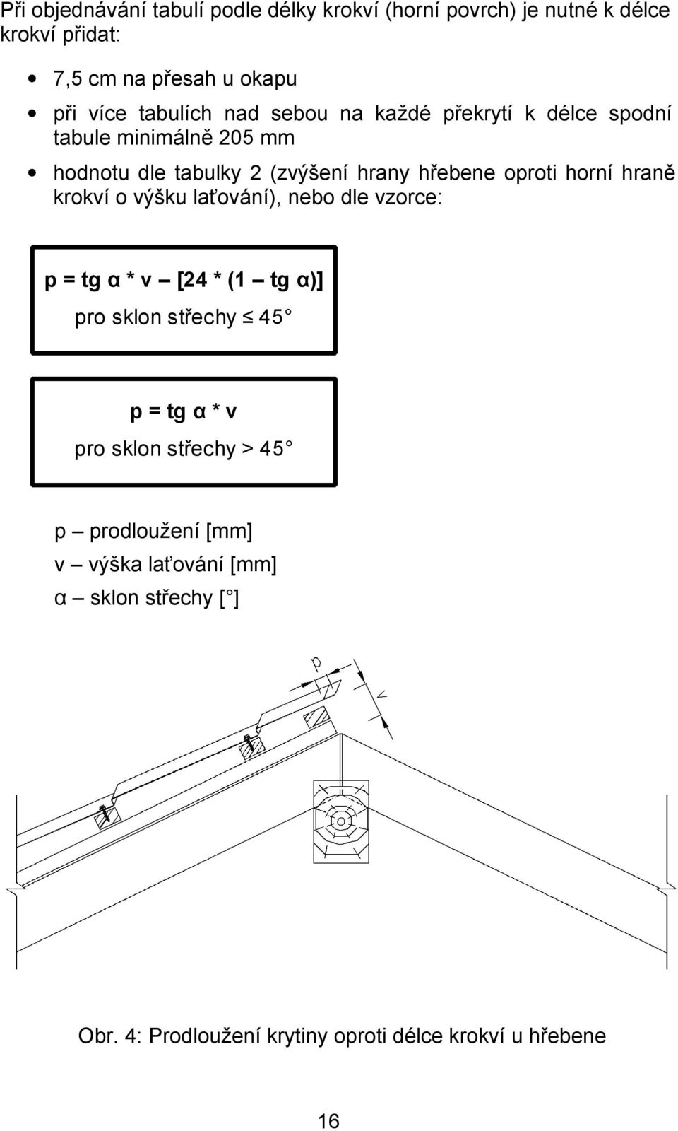 horní hraně krokví o výšku laťování), nebo dle vzorce: p = tg α * v [24 * (1 tg α)] pro sklon střechy 45 p = tg α * v pro sklon